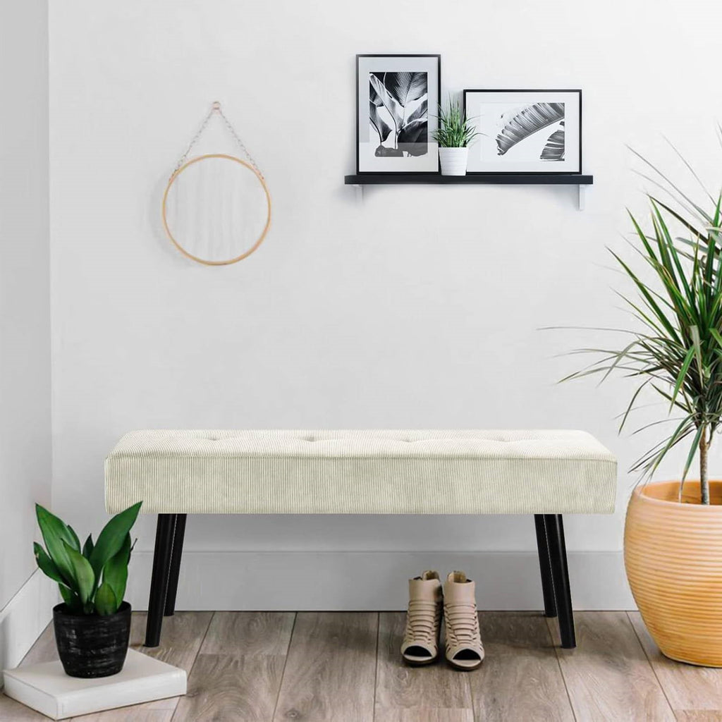 Mid-Century Beige Corduroy Upholstered End of Bed Bench with Black Metal Legs