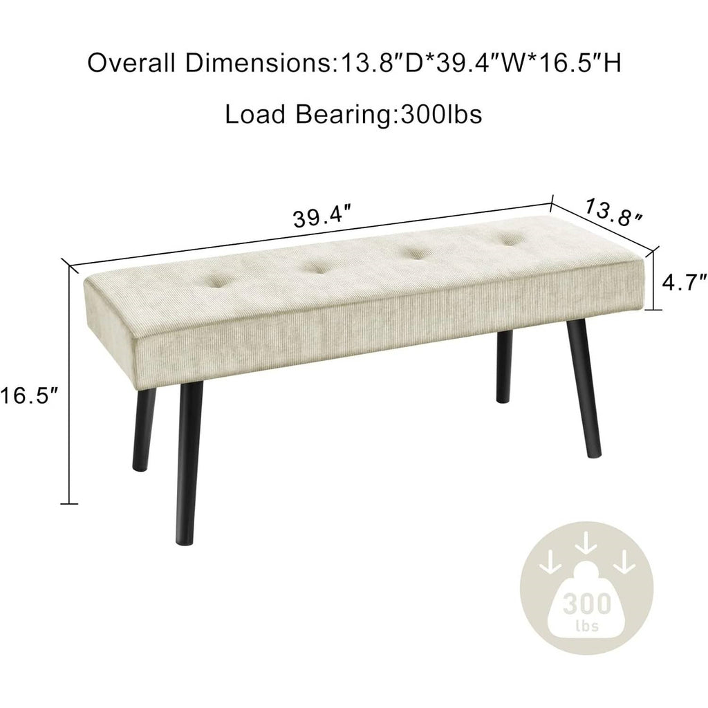 Mid-Century Beige Corduroy Upholstered End of Bed Bench with Black Metal Legs