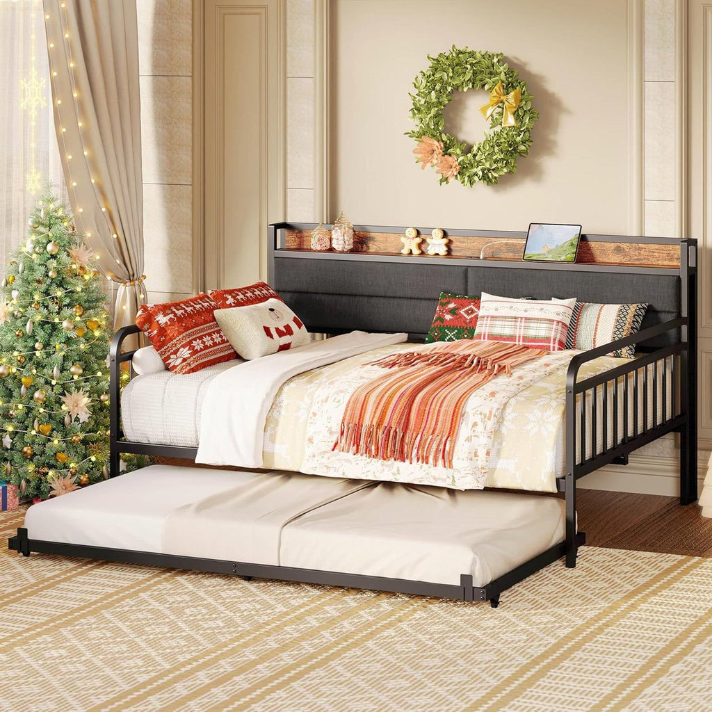 Full size Black Metal Daybed with Upholstered Headboard and Twin Trundle