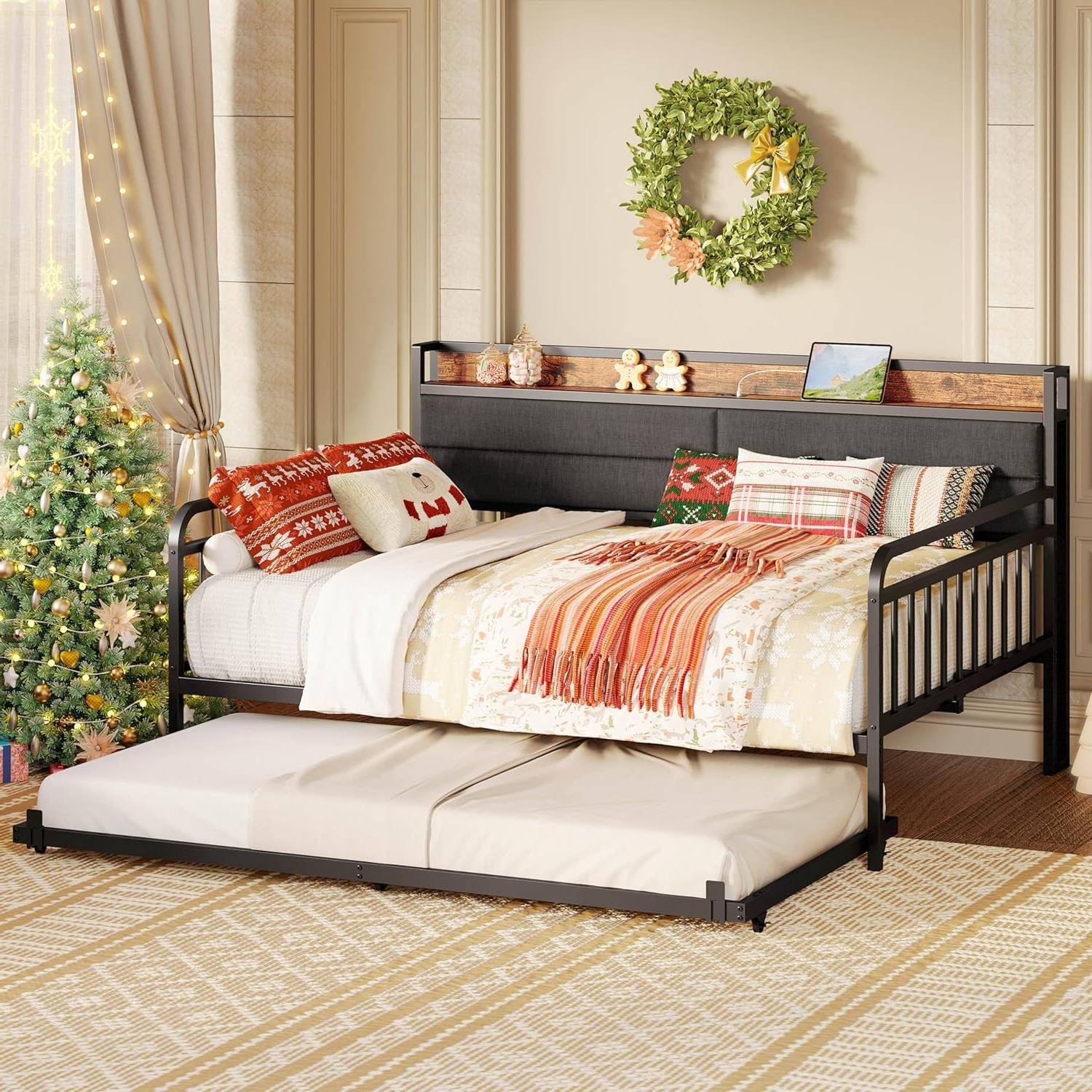 Full size Black Metal Daybed with Upholstered Headboard and Twin Trundle