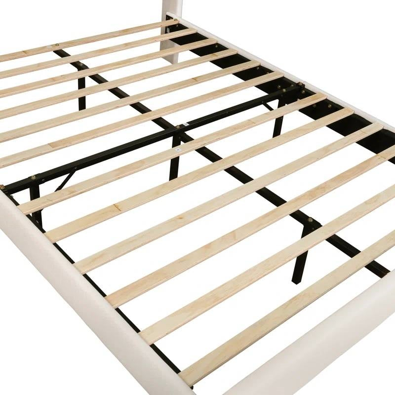 Full size Mid-Century Platform Bed Frame with Cream Velvet Upholstered Headboard