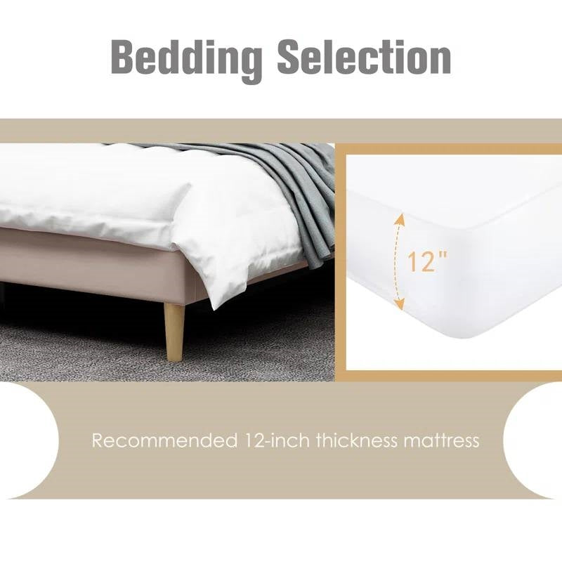 Full size Mid-Century Platform Bed Frame with Cream Velvet Upholstered Headboard