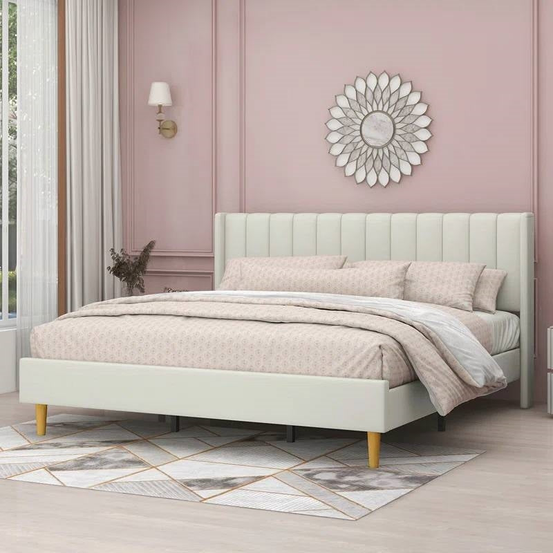 Queen Mid-Century Platform Bed Frame with Cream Velvet Upholstered Headboard