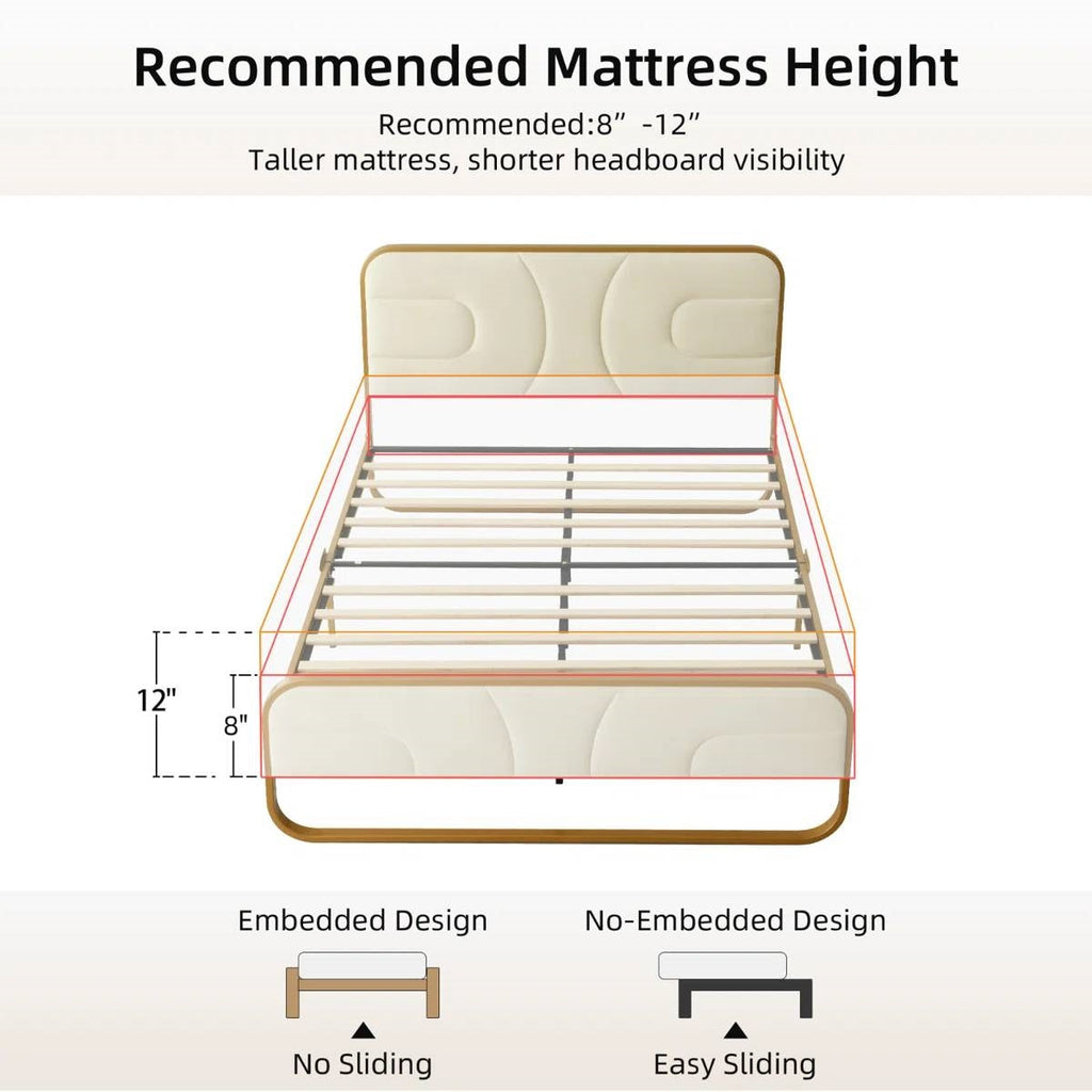 Full size Beige Upholstered Headboard Footboard Platform Bed with Gold Metal Frame