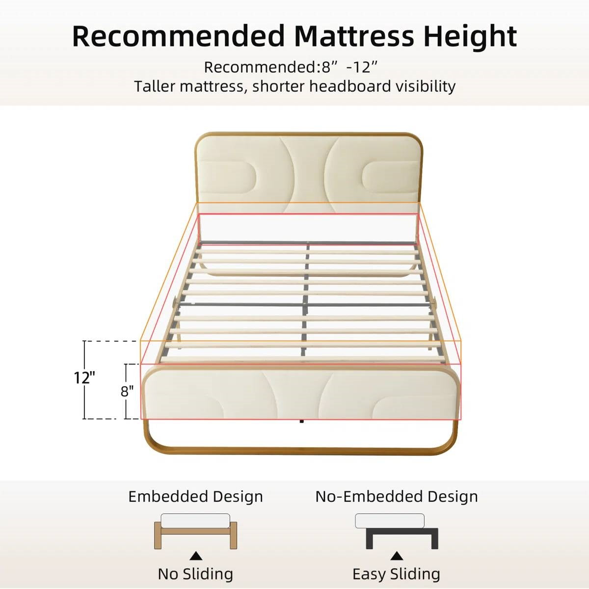 Full size Beige Upholstered Headboard Footboard Platform Bed with Gold Metal Frame