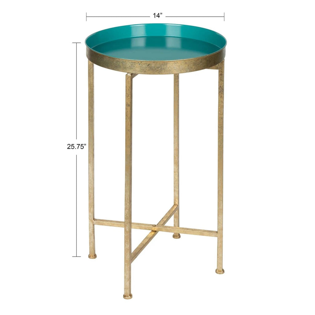 Gold Finish Metal Round End Table Nightstand with Removable Teal Tray Top