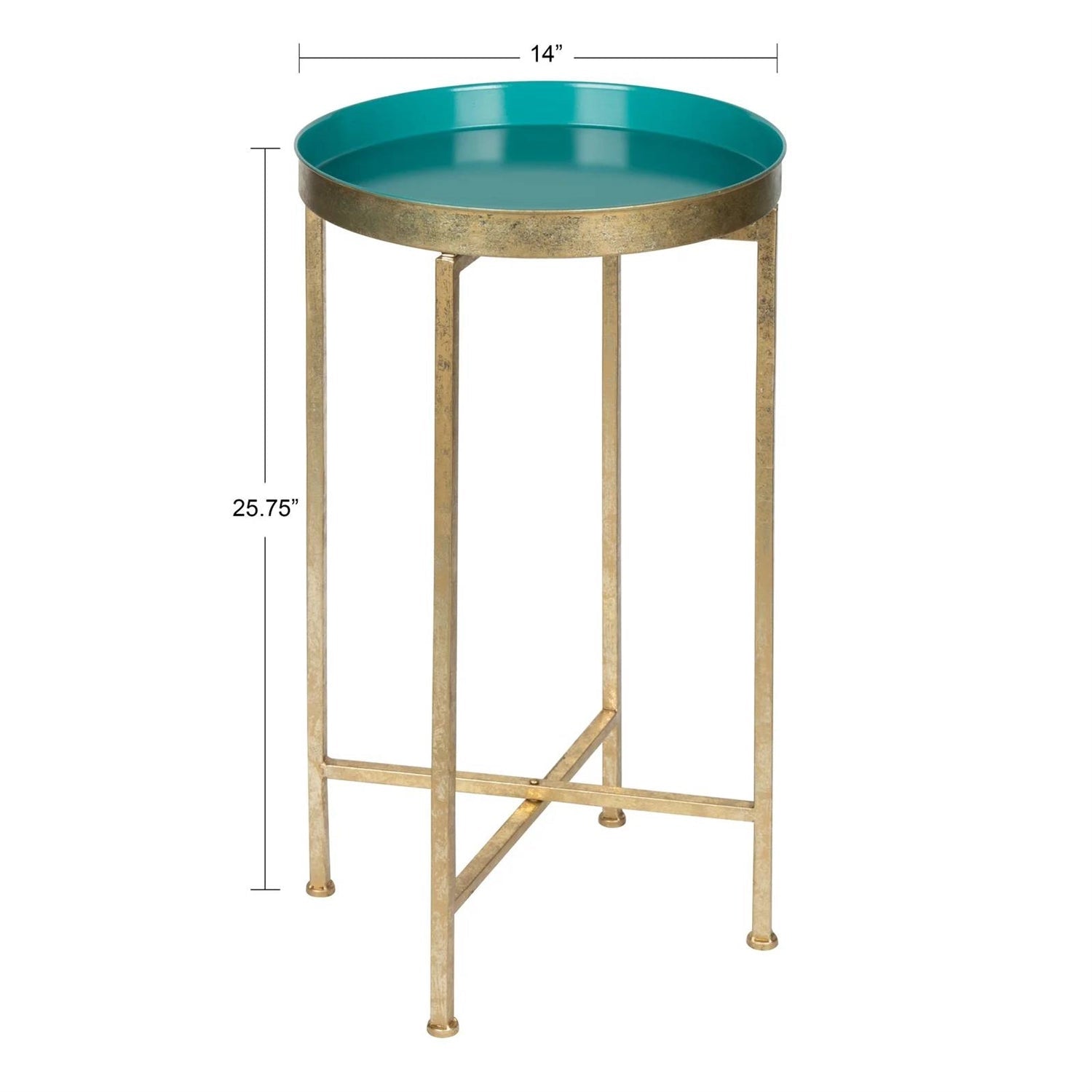Gold Finish Metal Round End Table Nightstand with Removable Teal Tray Top