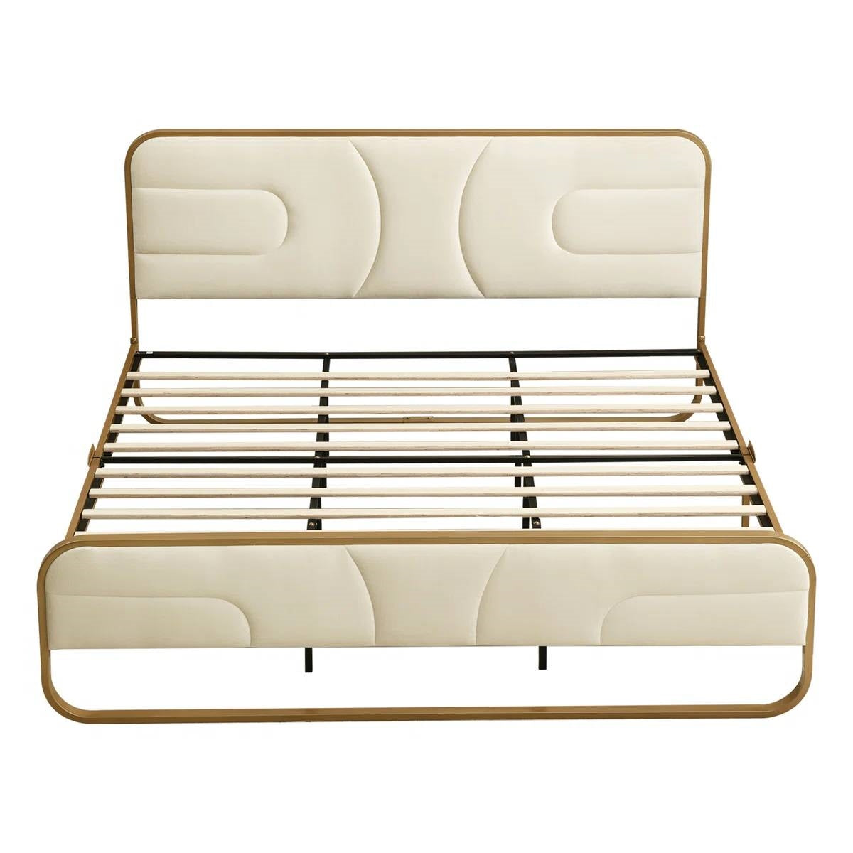 King Beige Upholstered Headboard Footboard Platform Bed with Gold Metal Frame