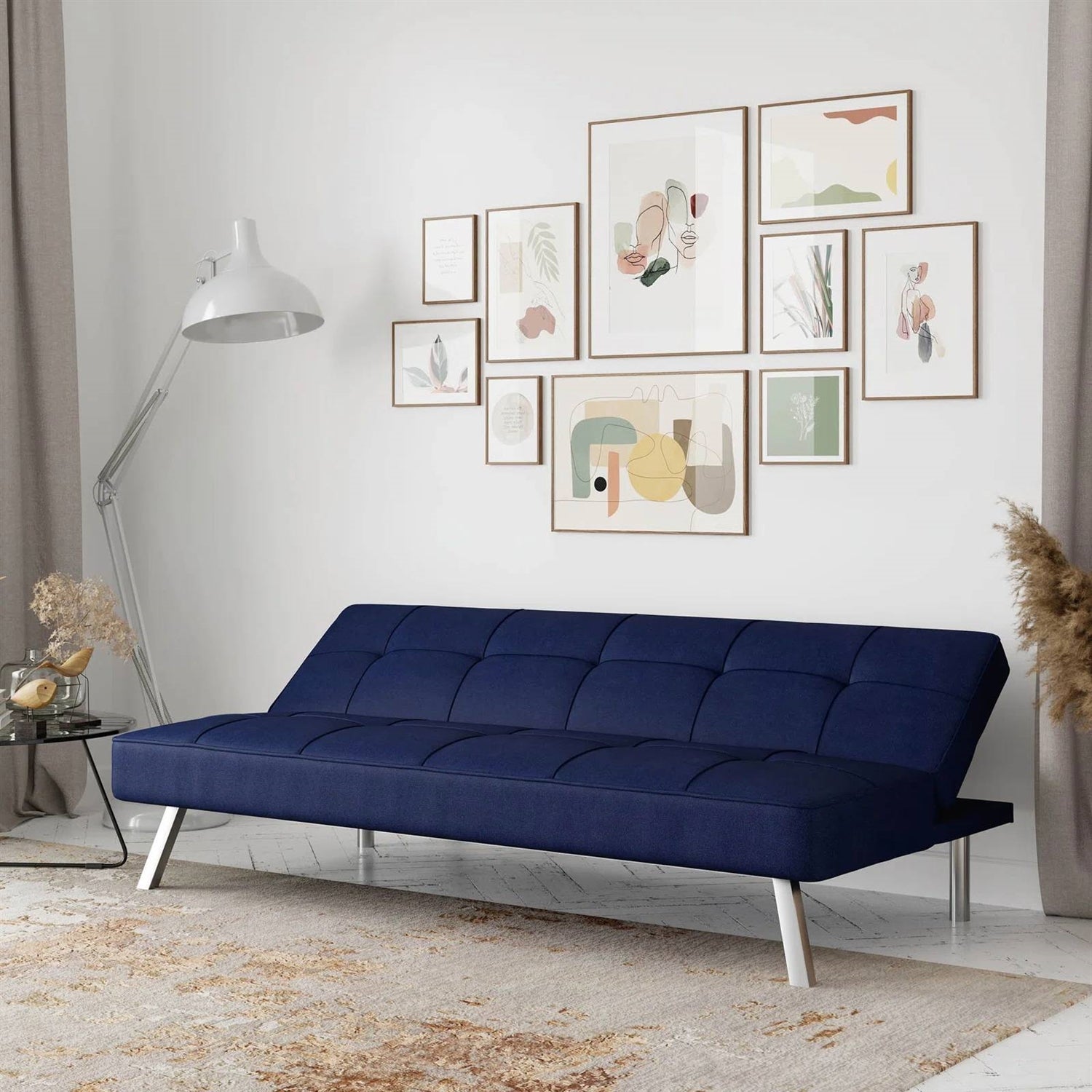 Modern Futon Sofa Bed in Navy Blue Fabric with Chrome Metal Legs