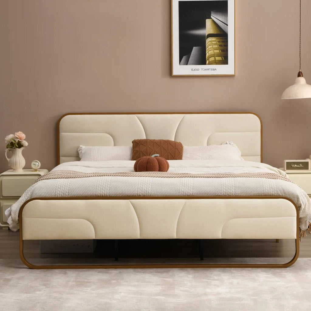 Queen Beige Upholstered Headboard Footboard Platform Bed with Gold Metal Frame