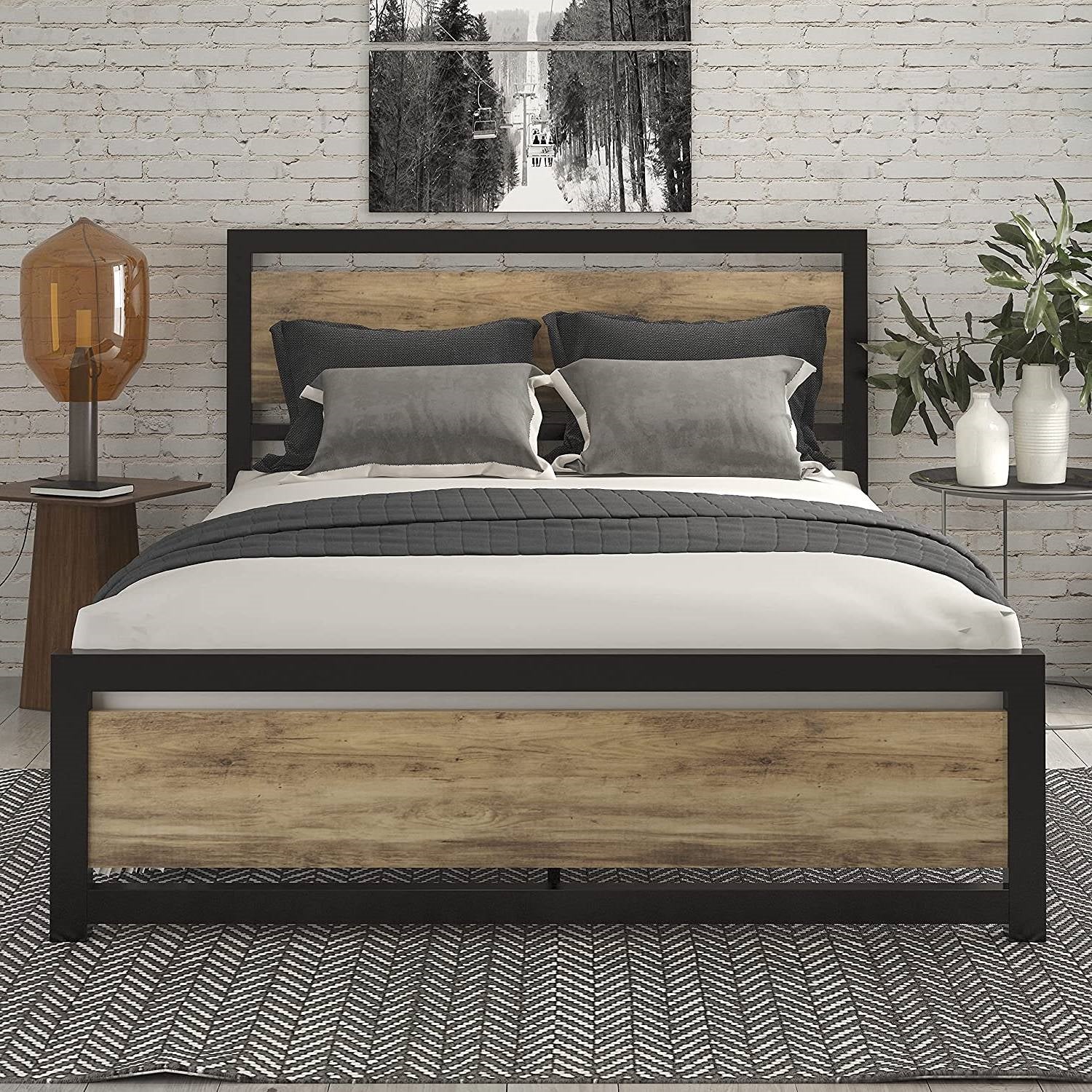 Queen Metal Platform Bed Frame with Brown Wood Panel Headboard and Footboard