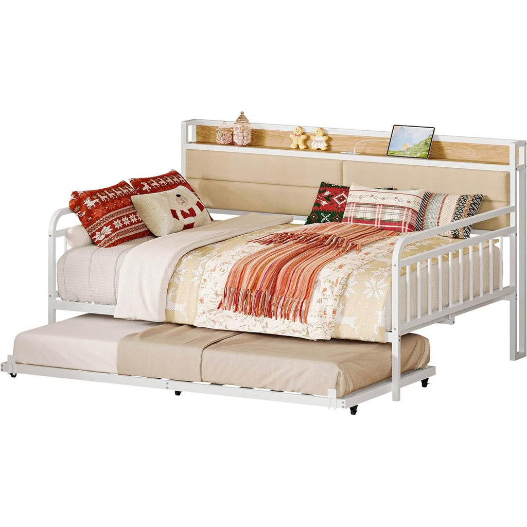 Full size White Metal Daybed with Upholstered Headboard and Twin Trundle