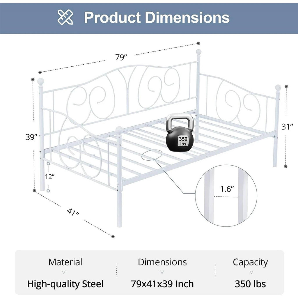 Twin size Victorian White Metal Daybed Frame - 350 lbs. Weight Capacity